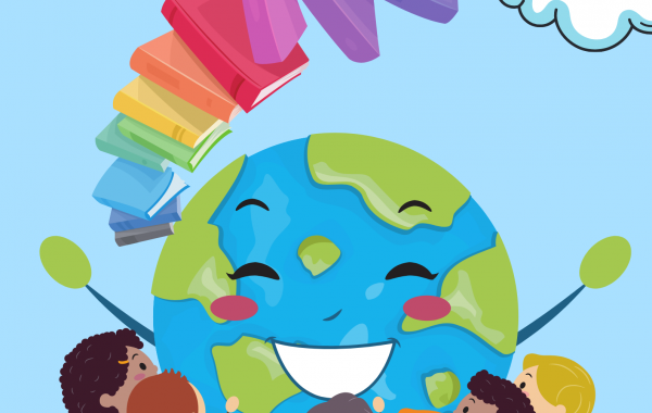 Rysunek przedstawiający dzieci otaczające usmiechniętą planetę Ziemię