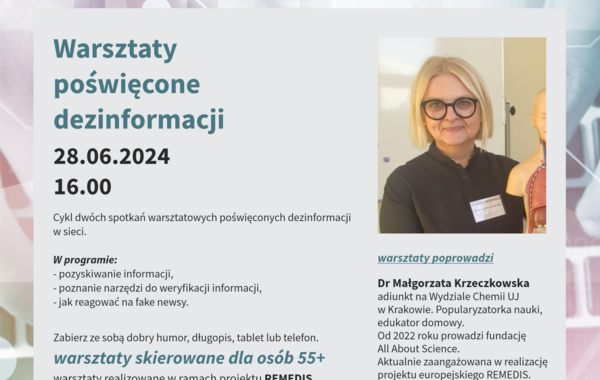 Plakat promujący warsztaty poświęcone dezinformacji