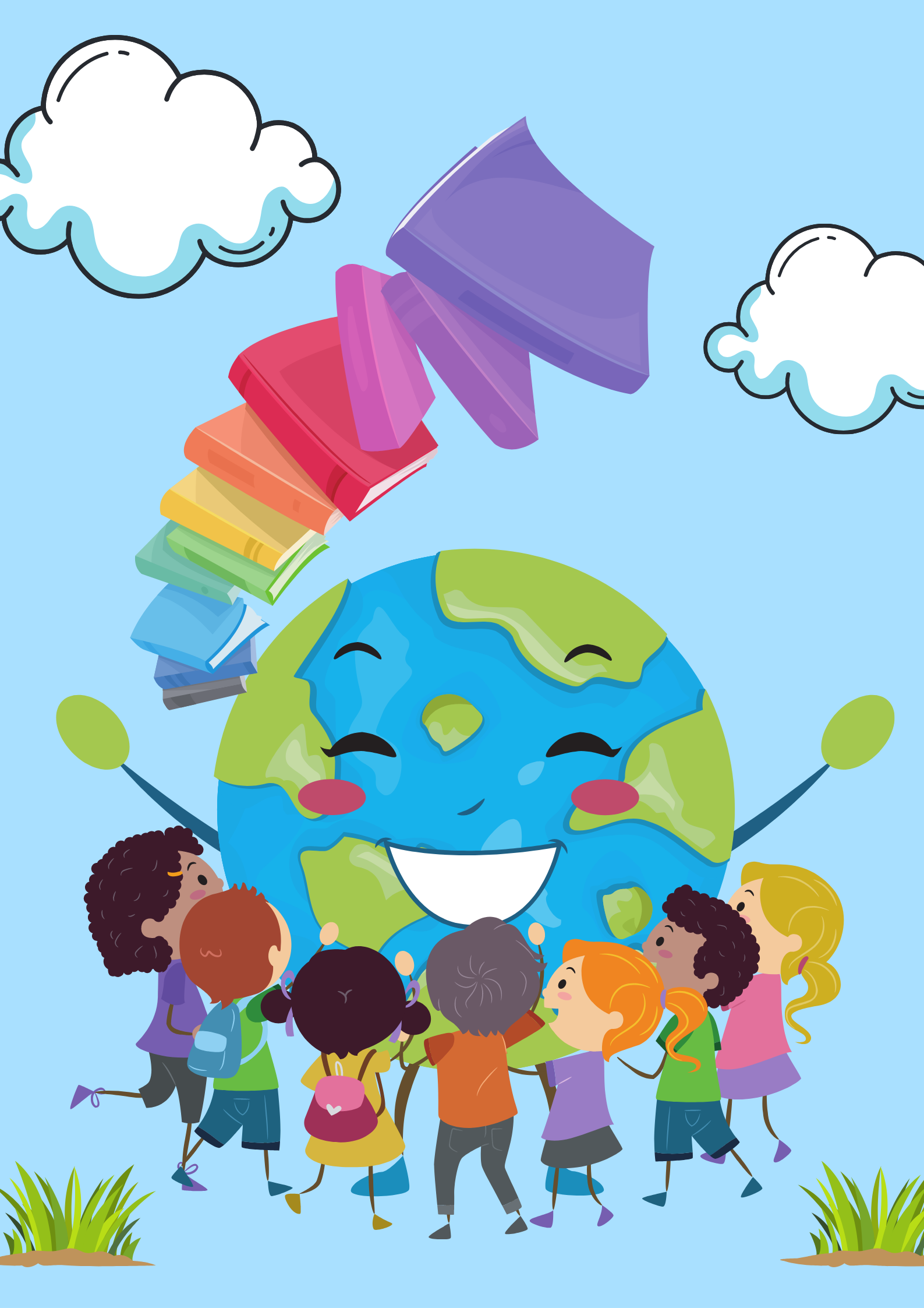Rysunek przedstawiający dzieci otaczające usmiechniętą planetę Ziemię
