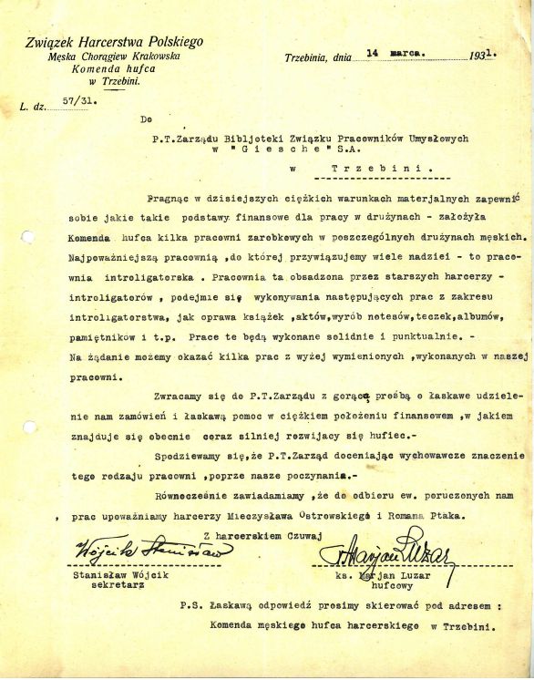Pismo z 1931 r. do Zarządu Biblioteki Związku Pracowników Umysłowych